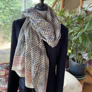 étole block print coton ecru bleu gris 3