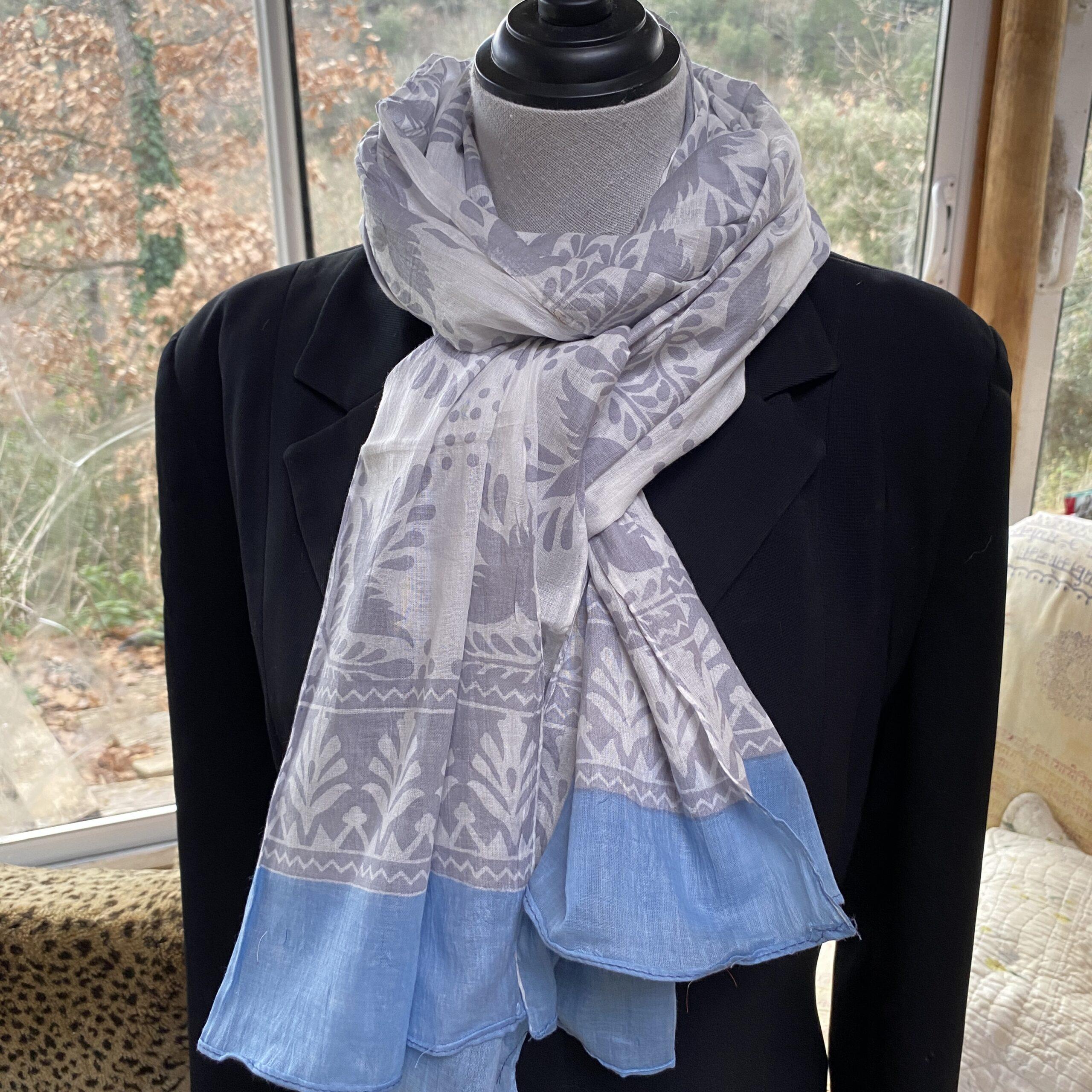 echarpe coton blanc oiseaux gris 1