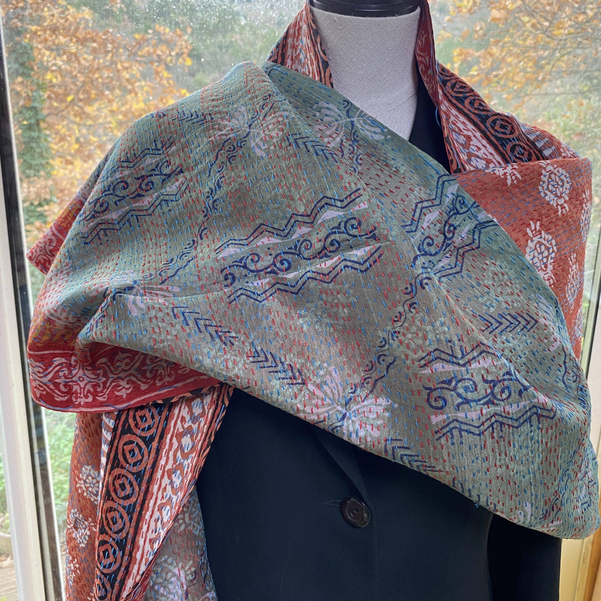 echarpe kantha soie rouille turquoise 3