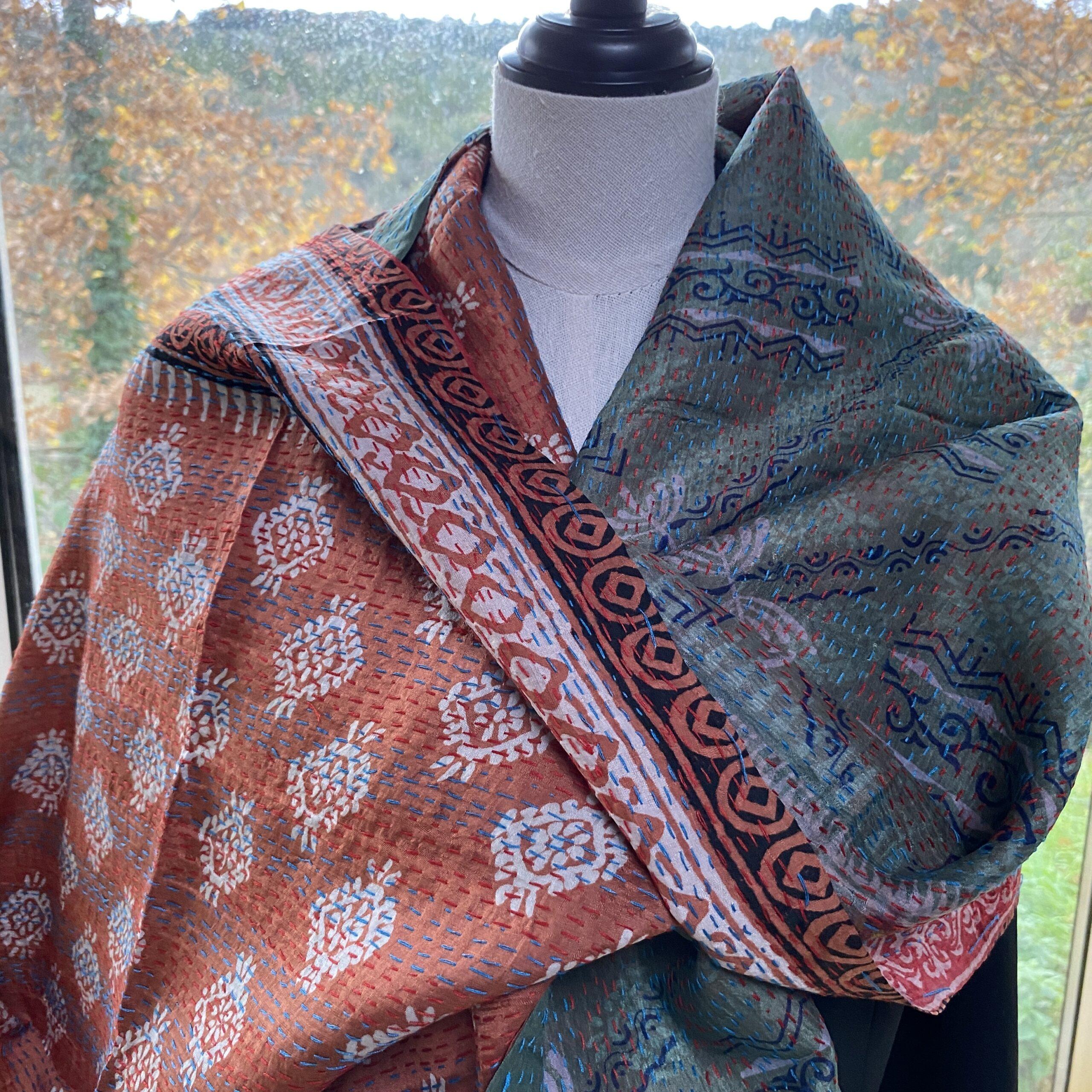 echarpe kantha soie rouille turquoise 4