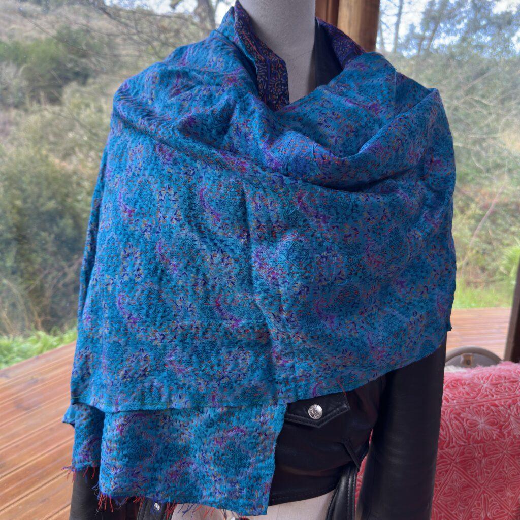 echarpe kantha turquoise et indigo 1